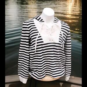 LOFT White/Navy Striped Textured Collared Lace-Up Neck Sweater Hoodie Size MED
